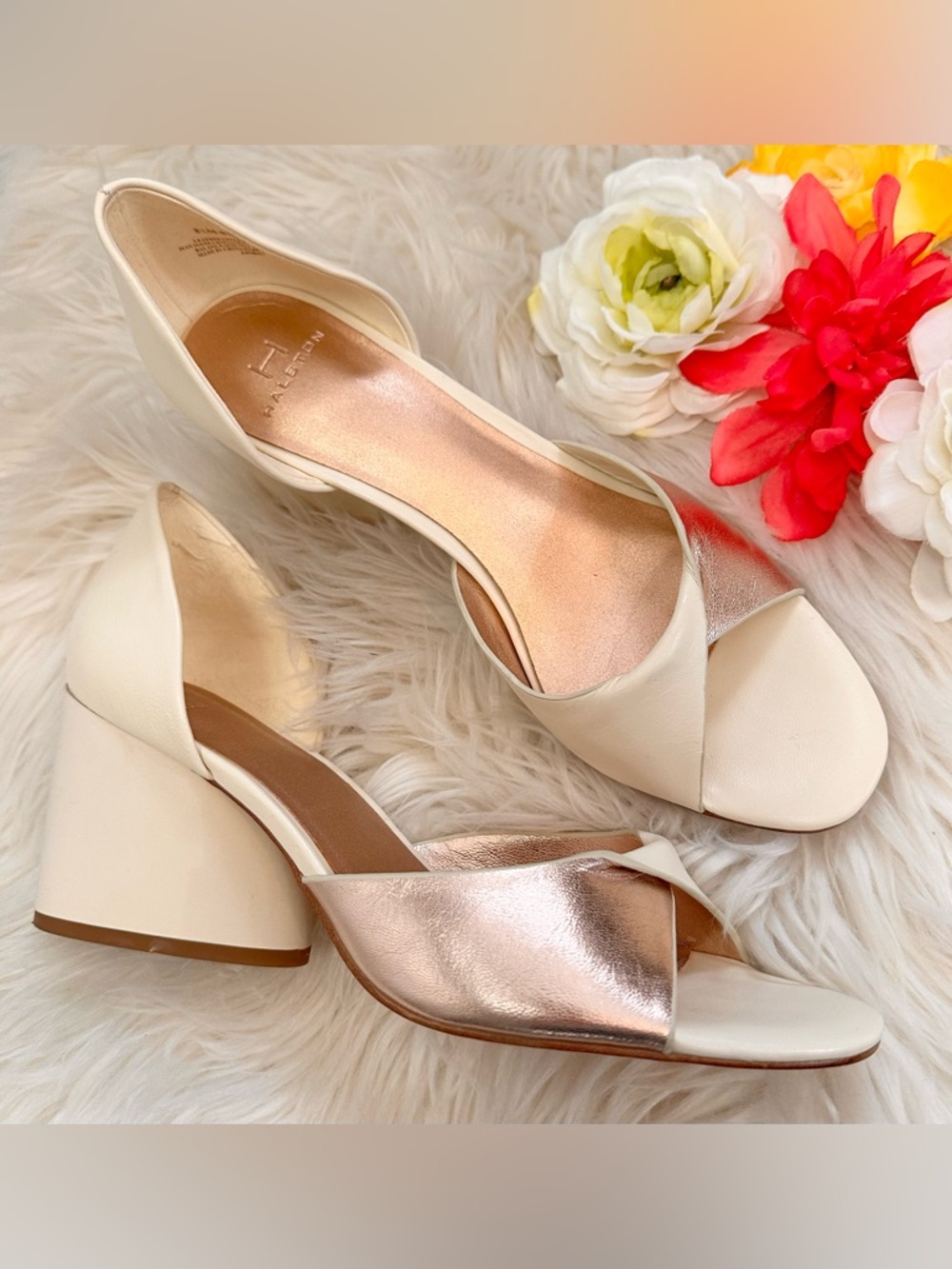 HALSTON Cream and Rose Gold Twist Front Low Chunky Heel Slip On Shoes Sz 8.5